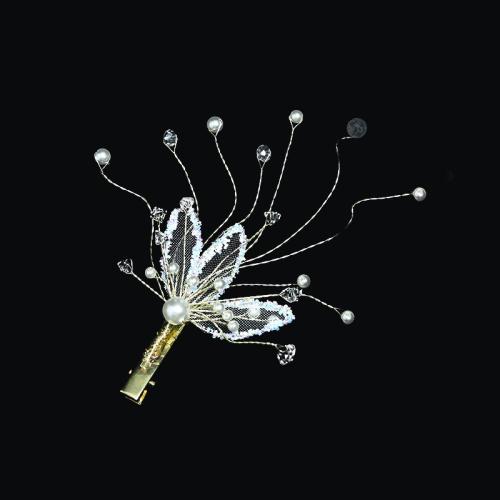 Alligator Hair Clip, Zinc Alloy, with Gauze & brass wire & Crystal & Plastic Pearl, handmade, fashion jewelry & for woman, golden 