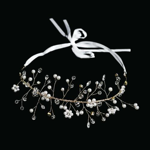 Bridal Hair Wreath, Plastic Pearl, with brass wire & Crystal, handmade, fashion jewelry & for woman, golden 