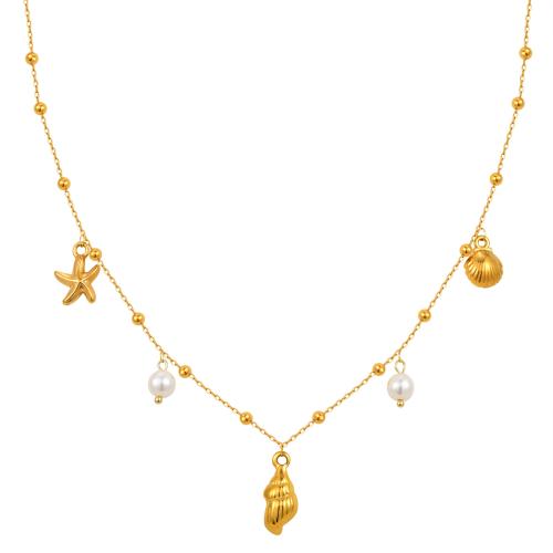 Collar de Acero Inoxidable, acero inoxidable 304, con Perlas de vidrio, 18K chapado en oro, Joyería & para mujer, Vendido por UD