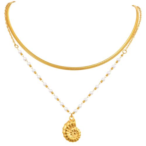 Collier de mode Multi couche, Acier inoxydable 304, avec perle de plastique, Plaqué or 18K, Double couche & bijoux de mode & pour femme, Vendu par PC