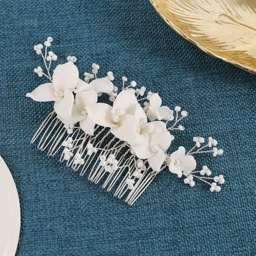 Bridal Decorative Hair Comb, Zinc Alloy, with Seedbead & brass wire & Polymer Clay, handmade, fashion jewelry & for woman, silver color 