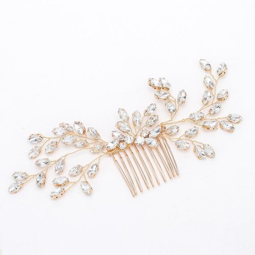 Bridal Decorative Hair Comb, Zinc Alloy, with brass wire & Rhinestone, handmade, fashion jewelry & for woman, golden 