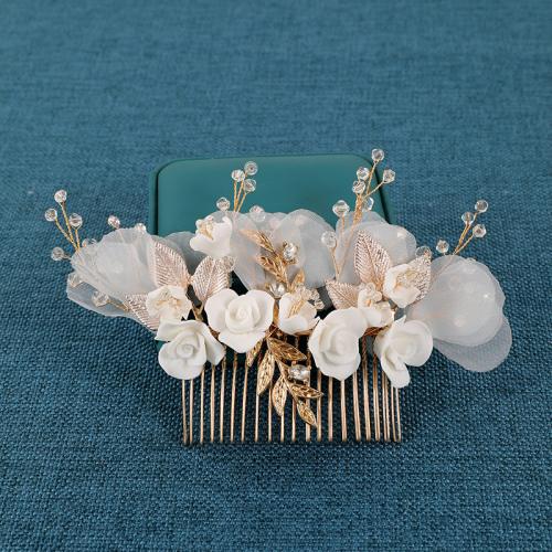 Décoratif Peigne nuptiale de cheveux, alliage de zinc, avec Gaze & fil en laiton & argile de polymère & cristal, fait à la main, bijoux de mode & pour femme, doré Vendu par PC