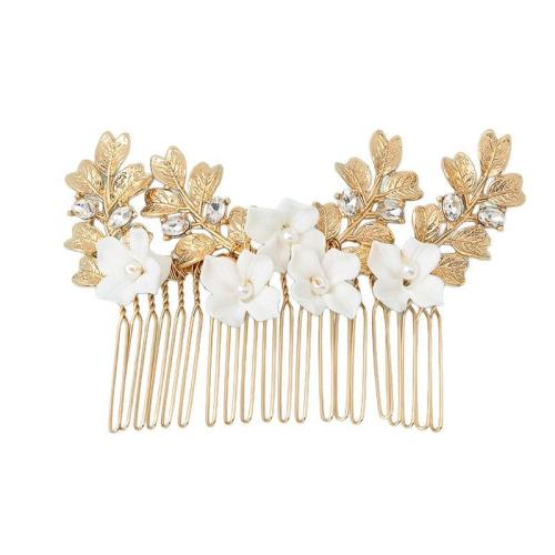 Décoratif Peigne nuptiale de cheveux, alliage de zinc, avec fil en laiton & argile de polymère & cristal, fait à la main, bijoux de mode & pour femme, doré Vendu par PC