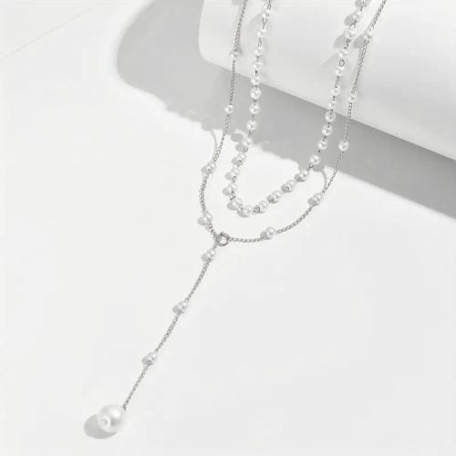 Fashion Multi Layer Necklace, Zinc Alloy, with Plastic Pearl, plated, Double Layer & fashion jewelry & for woman 