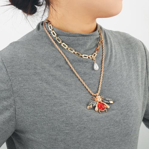 Collier de mode Multi couche, alliage de zinc, avec perle de plastique, 2 pièces & bijoux de mode & avec strass, doré, Vendu par fixé
