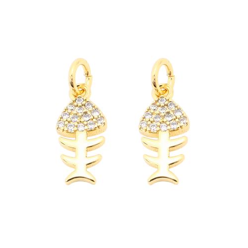 Cubic Zirconia Micro Pave Brass Pendant, Fish Bone, DIY & micro pave cubic zirconia & hollow, golden 