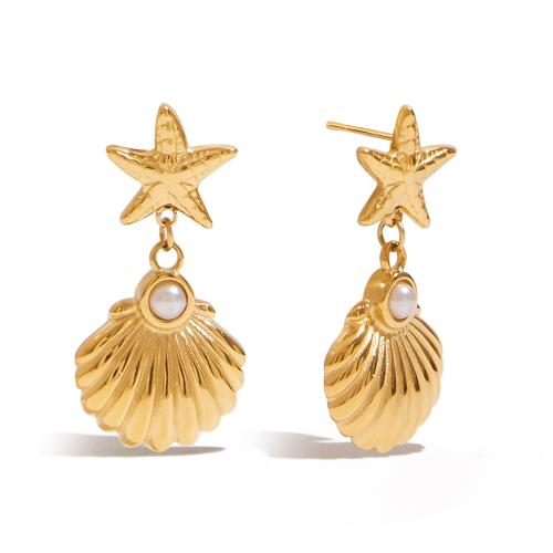 Stainless Steel Drop Earring, 304 Stainless Steel, with Shell Pearl, plated, fashion jewelry & for woman, golden 
