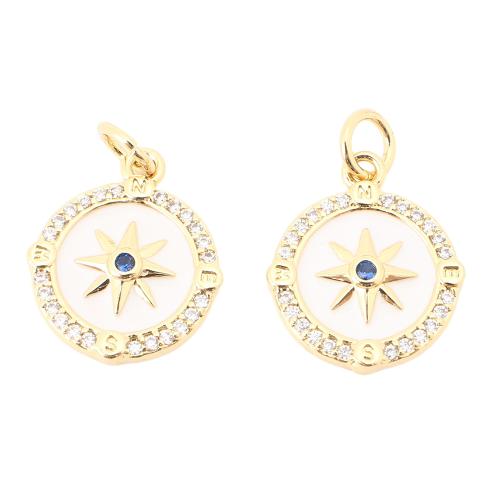 Cubic Zirconia Micro Pave Brass Pendant, with Shell, Round, DIY & micro pave cubic zirconia, golden 