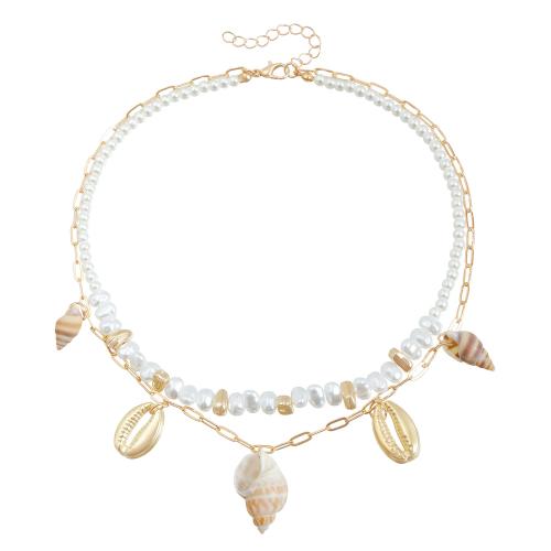 Collier en alliage de zinc, avec coquille de trompette & perle de plastique, Placage, Double couche & bijoux de mode & pour femme, doré, Vendu par PC