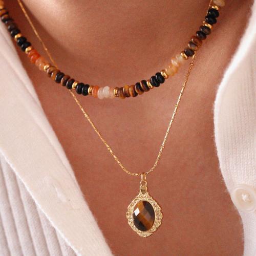 Titanium Steel Necklace, with Tiger Eye, gold color plated & for woman 