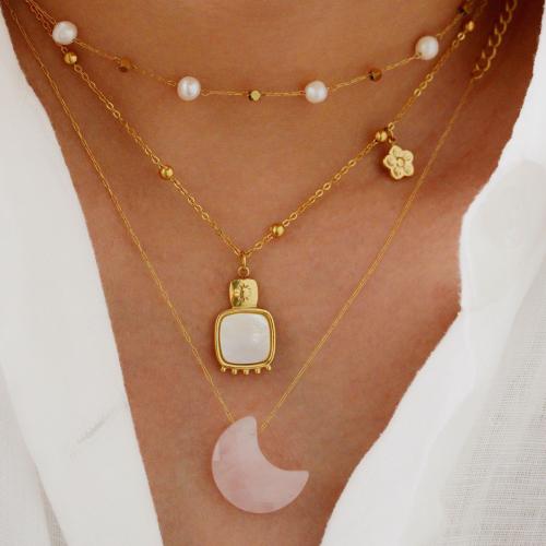 Acier titane Collier et bracelet, avec pierre gemme & coquille blanche & perle de plastique, Placage de couleur d'or, styles différents pour le choix & pour femme, Vendu par PC