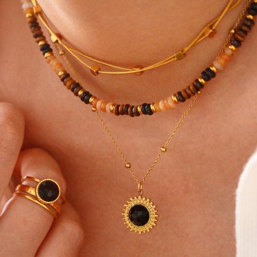 Titanium Steel Jewelry Set, with Natural Stone & Black Agate, gold color plated & for woman 