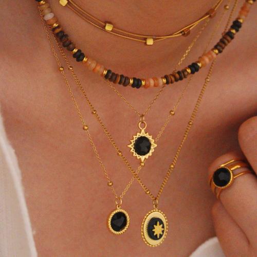 Titanium Steel Jewelry Set, with Natural Stone & Black Agate, gold color plated & for woman 