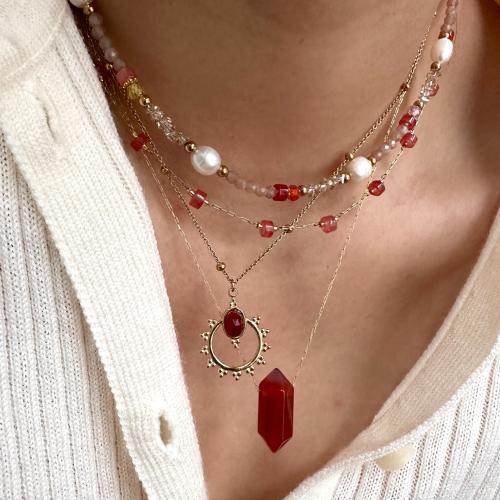 Titanium Steel Necklace, with Red Agate & Strawberry Quartz, gold color plated & for woman 