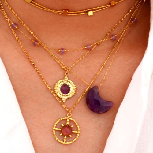 Acier titane collier, avec améthyste, Placage de couleur d'or, styles différents pour le choix & pour femme, Vendu par PC