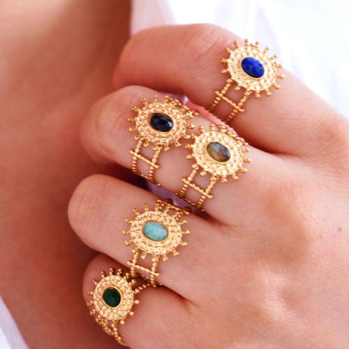 Titanium Steel Cuff Finger Ring, with Gemstone, Flower, gold color plated & Unisex, US Ring 