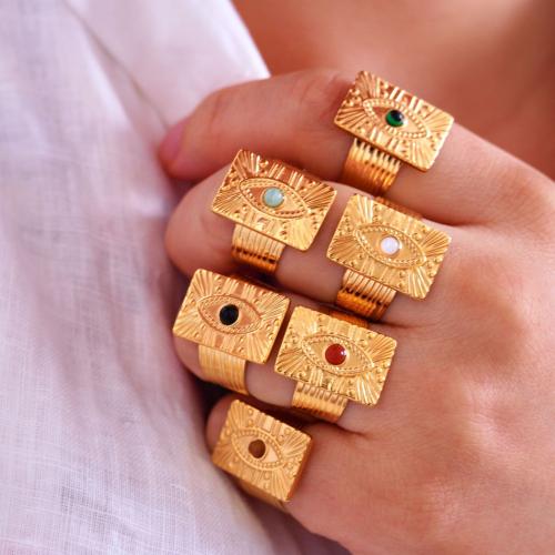 Titanium Steel Cuff Finger Ring, with Gemstone, Geometrical Pattern, gold color plated & Unisex, US Ring 