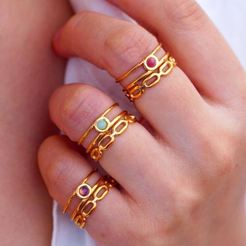 Titanium Steel Cuff Finger Ring, with Gemstone, Geometrical Pattern, gold color plated & for woman & hollow, US Ring 