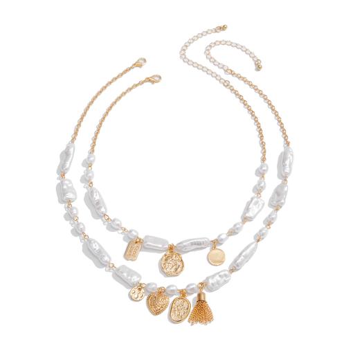 Collar de perlas de plástico, aleación de zinc, con cadena de hierro & Perlas plásticas & fundición, chapado, 2 piezas & Joyería & para mujer, dorado, Vendido por Set