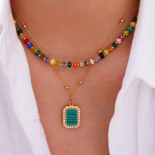 Acier titane Collier et bracelet, avec Pierre naturelle & Malachite, Placage de couleur d'or, styles différents pour le choix & pour femme & avec strass, Vendu par PC