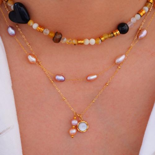 Titanium Steel Bracelet and Necklace, with Jade & Freshwater Pearl, gold color plated & for woman 