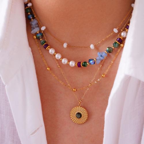 Acier titane collier, avec Des billes de verre & coquille & perle de plastique, Placage de couleur d'or, styles différents pour le choix & pour femme Environ 16-18 pouce, Vendu par PC