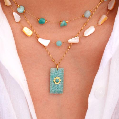 Acier titane collier, avec Amazonite & coquille jaune, Placage de couleur d'or, styles différents pour le choix & pour femme Environ 16-18 pouce, Vendu par PC