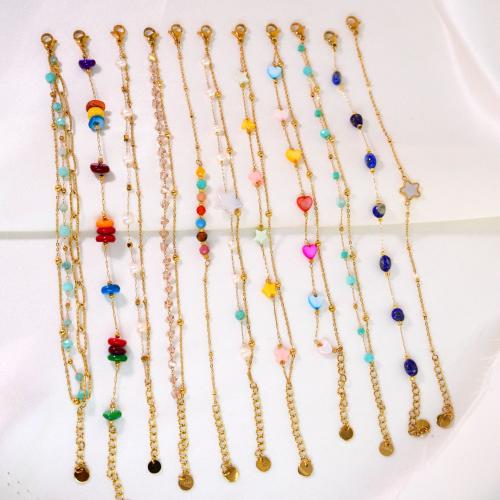 Acier titane bracelet, avec pierre gemme & perle d'eau douce cultivée, Placage de couleur d'or, styles différents pour le choix & pour femme Environ 6-8 pouce, Vendu par PC