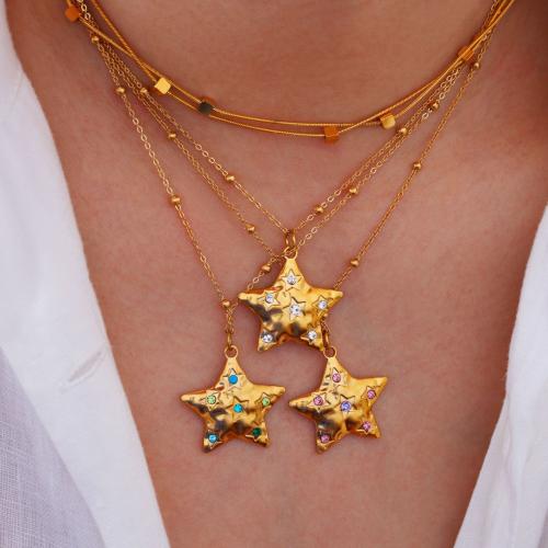 Acier titane collier, étoile, Placage de couleur d'or, pour femme & avec strass, plus de couleurs à choisir Environ 16-18 pouce, Vendu par PC