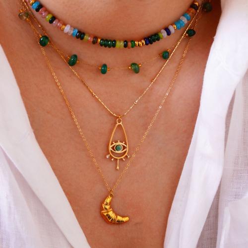 Titanium Steel Necklace, with Jade & Natural Stone, gold color plated & for woman Approx 16-18 Inch 