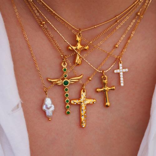 Acier titane collier, avec Pierre naturelle, croix, Placage de couleur d'or, styles différents pour le choix & pour femme & avec strass Environ 16-18 pouce, Vendu par PC