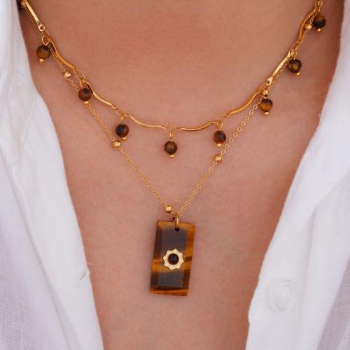 Titanium Steel Necklace, with Tiger Eye, gold color plated & for woman Approx 16-18 Inch 