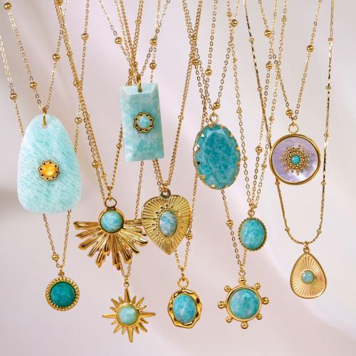 Acier titane collier, avec Amazonite & coquille, Placage de couleur d'or, styles différents pour le choix & pour femme Environ 16-18 pouce, Vendu par PC