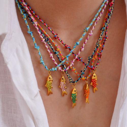 Acier titane collier, avec cordon de polyester, avec 2inch chaînes de rallonge, poisson, Placage de couleur d'or, styles différents pour le choix & pour femme & émail Environ 15.7 pouce, Vendu par PC