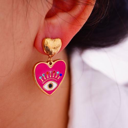 Acier inoxydable 304 Boucle d'oreille goutte, Mauvais œil, Placage de couleur d'or, pour femme & émail Vendu par paire