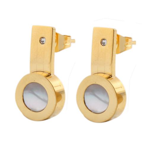 Acier titane boucle d oreille dormeuse, avec coquille blanche, Rond, Placage de couleur d'or, pour femme & avec strass Vendu par paire
