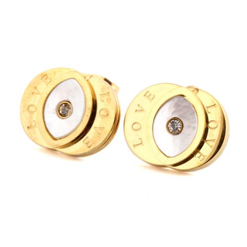 Acier titane boucle d oreille dormeuse, avec coquille blanche, Placage de couleur d'or, avec le motif de lettre & pour femme & avec strass, 10mm, Vendu par paire