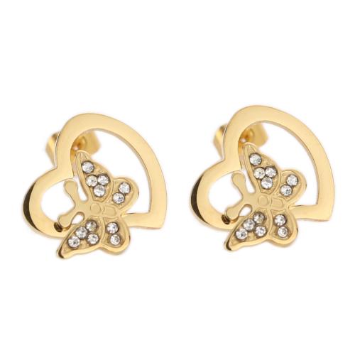 alliage de zinc boucle d oreille dormeuse, papillon, Placage de couleur d'or, pour femme & avec strass & creux, 10mm, Vendu par paire