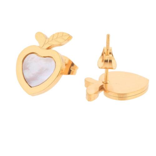 Acier titane boucle d oreille dormeuse, avec coquille blanche, pomme, Placage de couleur d'or, bijoux de mode & pour femme, 10mm, Vendu par paire