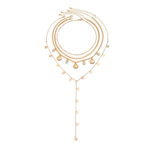 Collier en alliage de zinc, avec Cuivre-Coated-Fer & chaîne en laiton & chaîne de fer & coquille, Placage, 4 pièces & bijoux de mode & pour femme, doré, Vendu par fixé