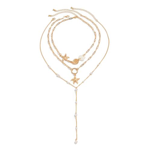Collier en alliage de zinc, avec Cuivre-Coated-Fer & chaîne de fer & coquille & perle de plastique, Placage, trois pièces & styles différents pour le choix & pour femme, doré, Vendu par fixé