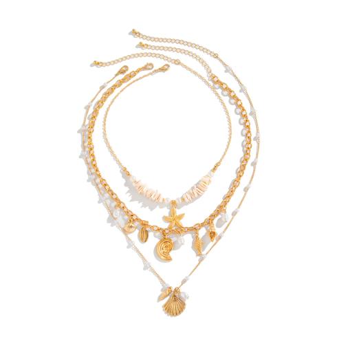 Collier de mode Multi couche, alliage de zinc, avec chaîne de fer & coquille & perle de plastique, Placage, trois pièces & bijoux de mode & pour femme, doré, Vendu par fixé