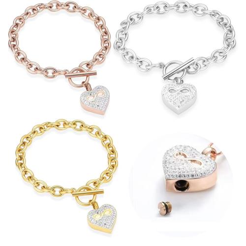 acier inoxydable 316L Bracelet de urne, coeur, Placage, DIY & avec strass, plus de couleurs à choisir cm, Vendu par PC[
