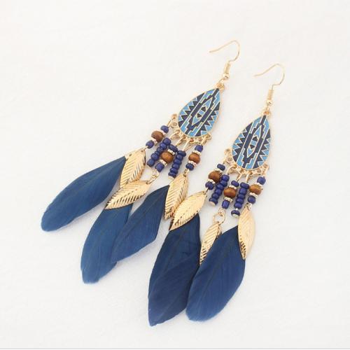 Zinc Alloy Tassel Earring, with Seedbead & Feather, plated, Bohemian style & for woman & enamel 