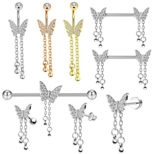 Acier inoxydable 304 Piercing Piercing Bijoux, avec laiton, papillon, Placage, unisexe & styles différents pour le choix & avec strass, Vendu par PC