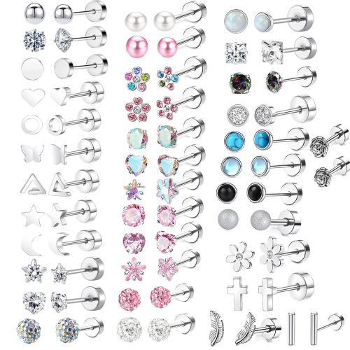 Acier inoxydable 304 piercing oreille, avec perle de plastique & laiton, Placage de couleur argentée, unisexe & styles différents pour le choix & pavé de micro zircon, pole length 6mm, Vendu par paire