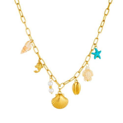 Edelstahl Schmuck Halskette, 304 Edelstahl, mit Türkis & Muschel & Kunststoff Perlen, goldfarben plattiert, Modeschmuck & für Frau, verkauft von PC