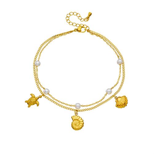 Edelstahl Fußkettchen Schmuck, 304 Edelstahl, mit Kunststoff Perlen, goldfarben plattiert, Doppelschicht & verschiedene Stile für Wahl & für Frau, verkauft von PC