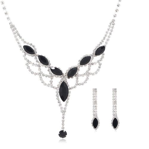Messing Schmuck Set, Stud Ohrring & Halskette, mit Kristall, mit Verlängerungskettchen von 7cm, silberfarben plattiert, 2 Stück & für Frau & mit Strass & hohl, Länge:ca. 32 cm, verkauft von setzen